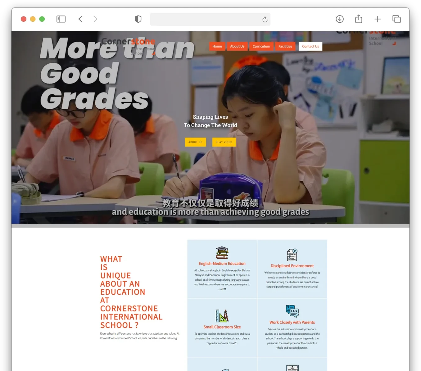 The old Cornerstone homepage, with a slogan over a classroom photo and 9 near-identical value props