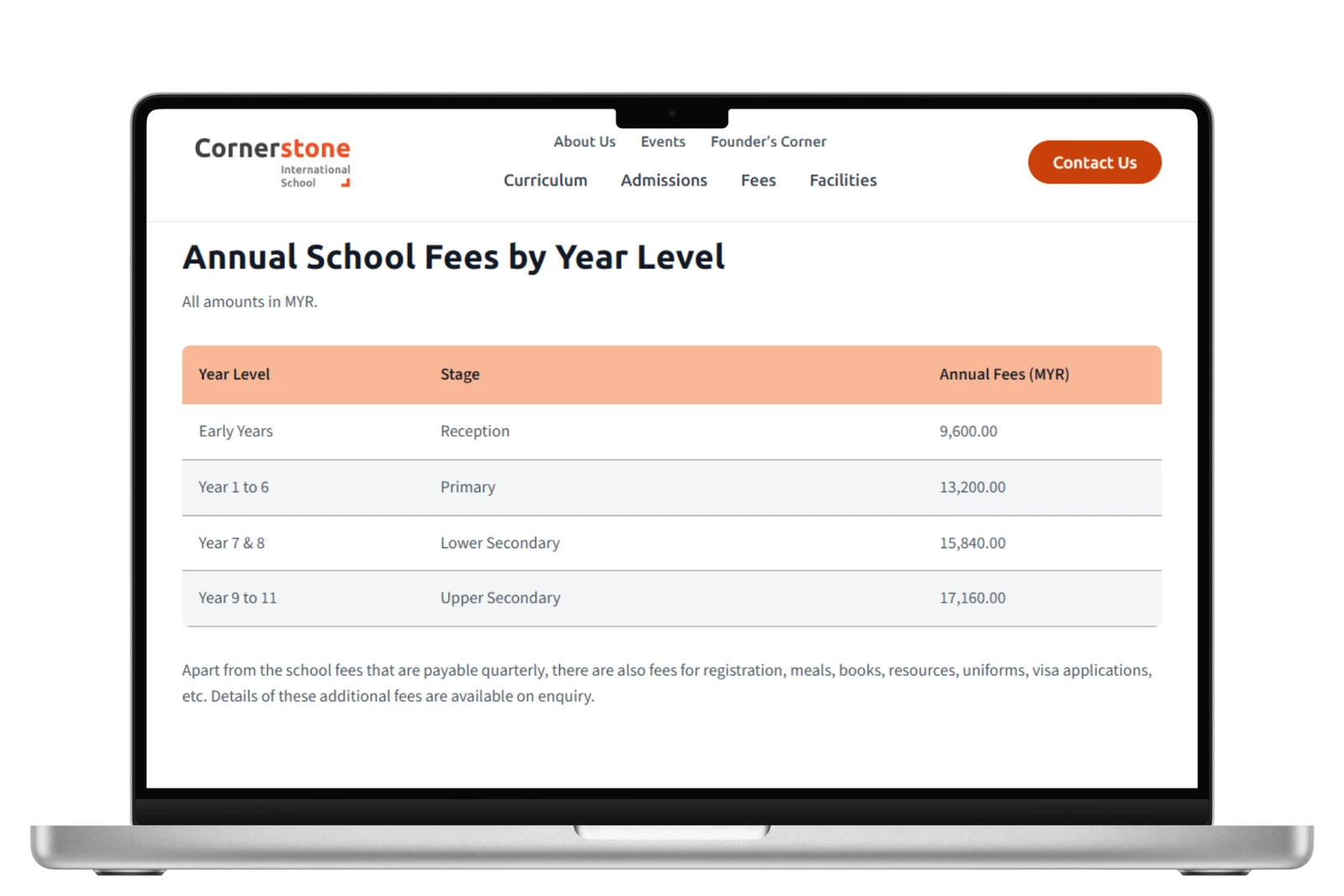 Fees page with annual fee tables