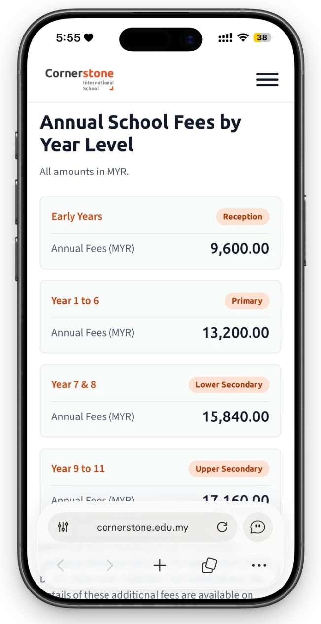 Annual fees by year level on a phone