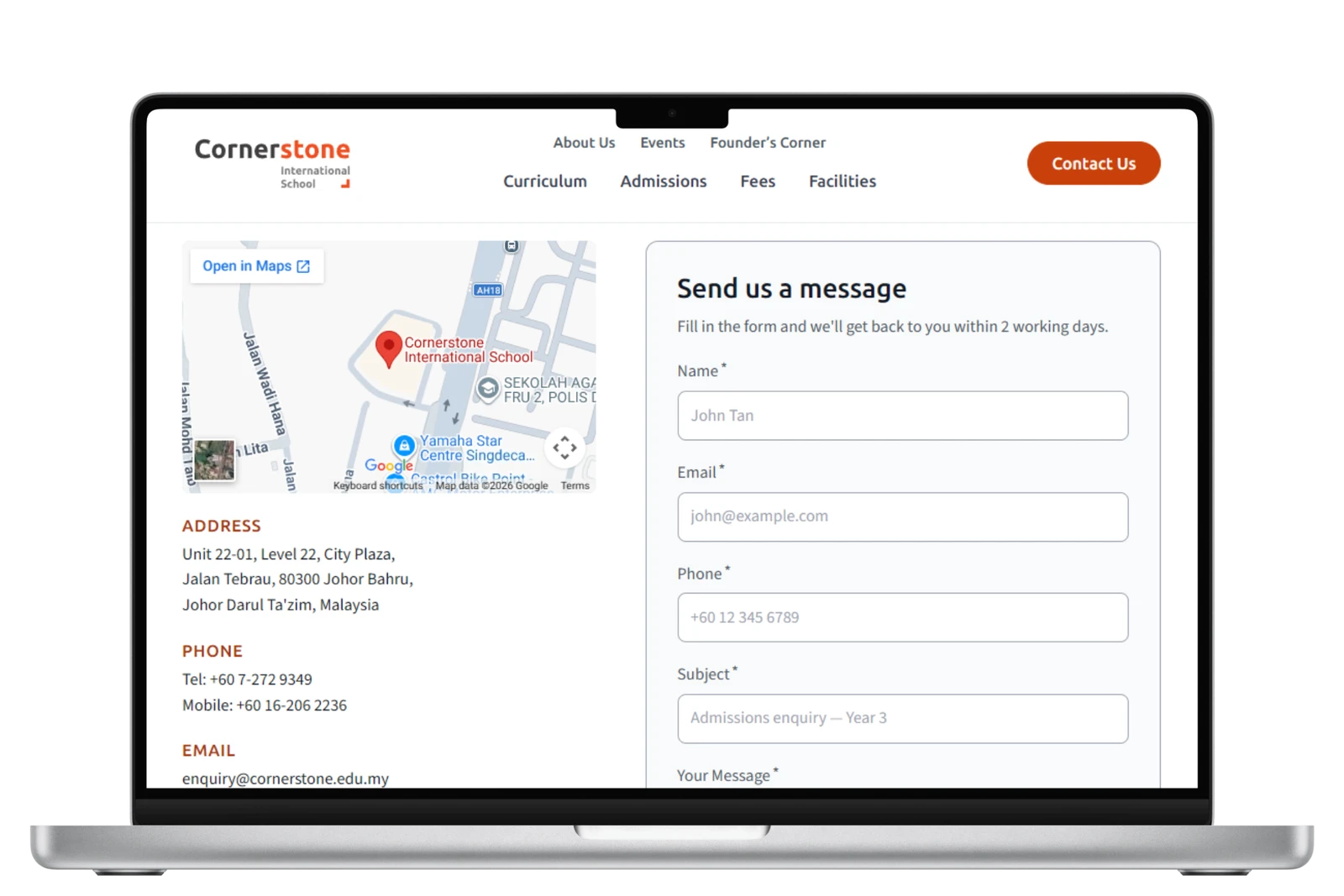 Contact page with enquiry form and map
