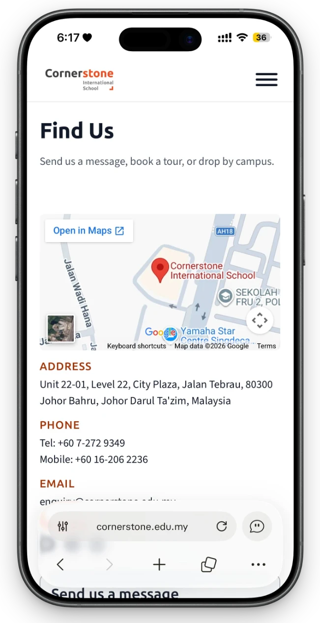 Find Us page with map and contact details on a phone