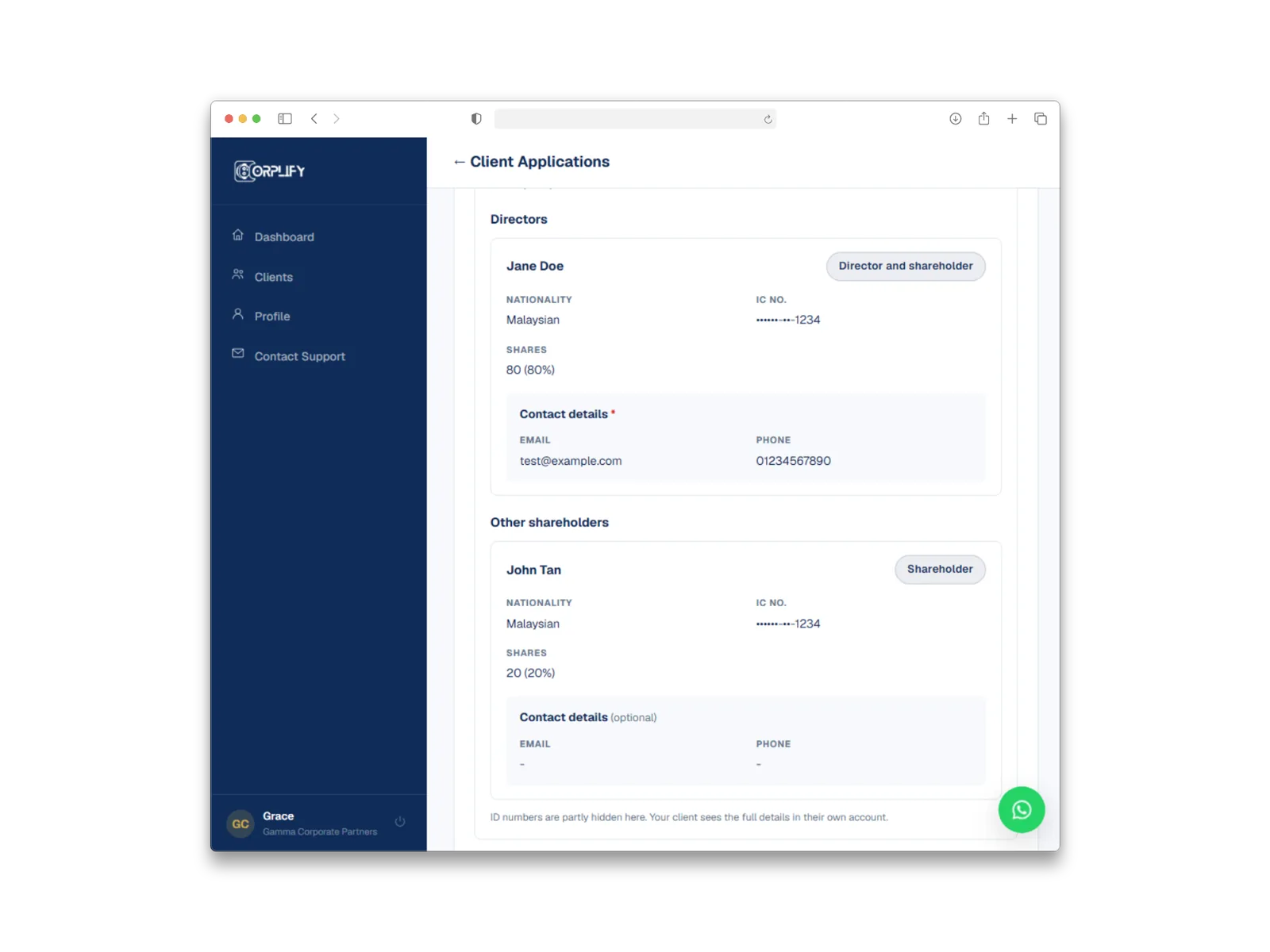 Partner view of a client's application, with masked IC numbers