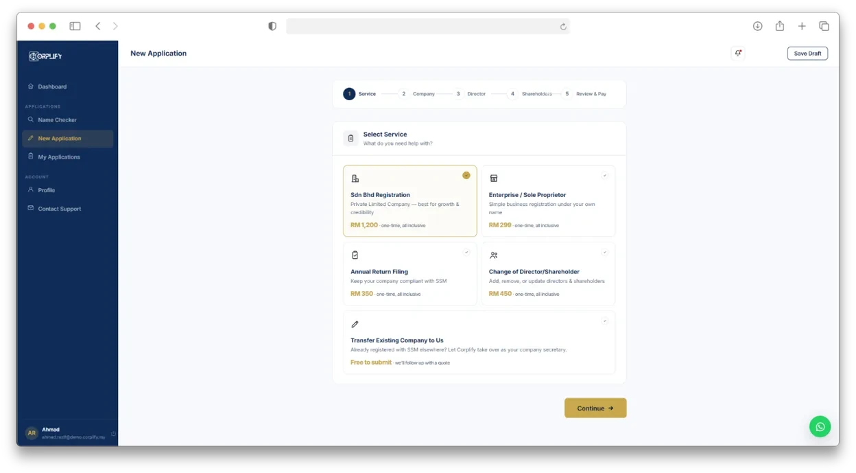 Multi-step company registration form