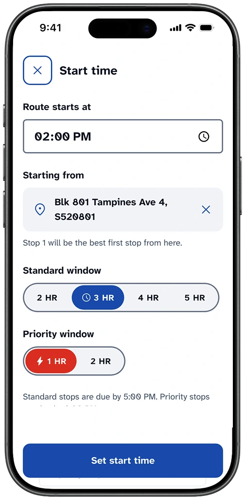 Start time screen with standard and priority window lengths and a starting point