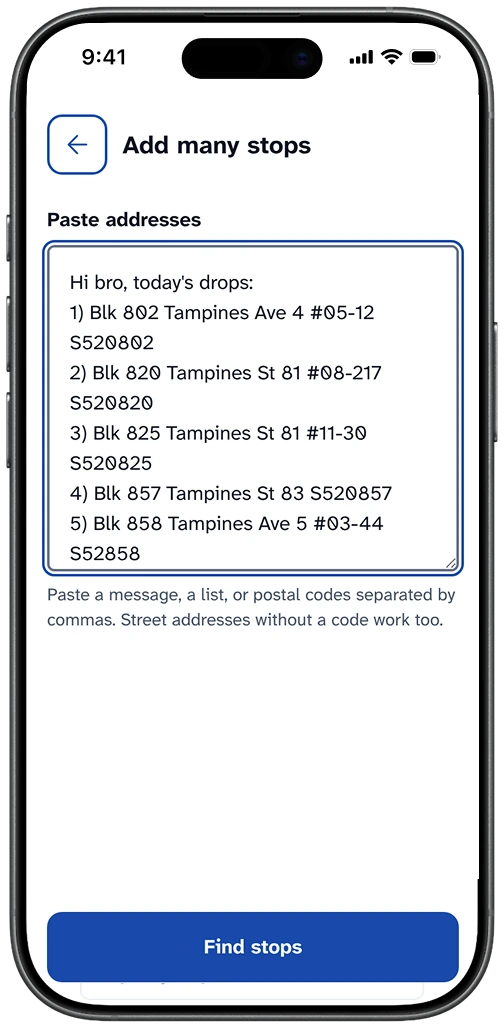Paste a list screen with a pasted list of addresses