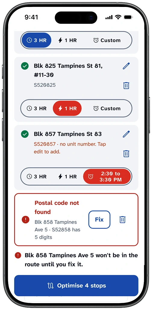 Review list with window toggles per stop and one postal code not found