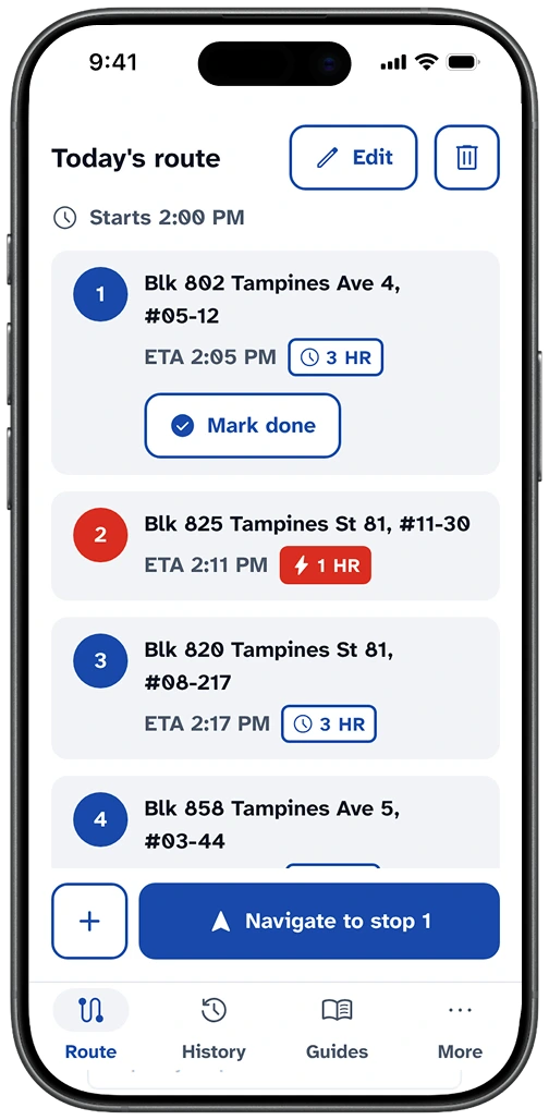 RouteLah route with stops on a phone