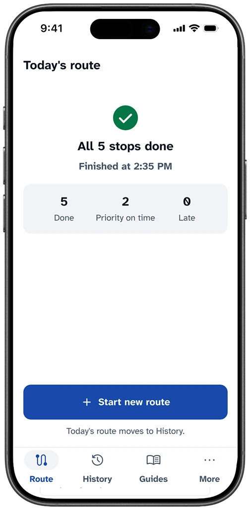 Route complete screen with done, priority on time and late counts